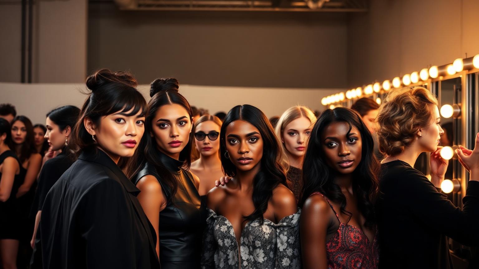 Diverse models backstage before a show