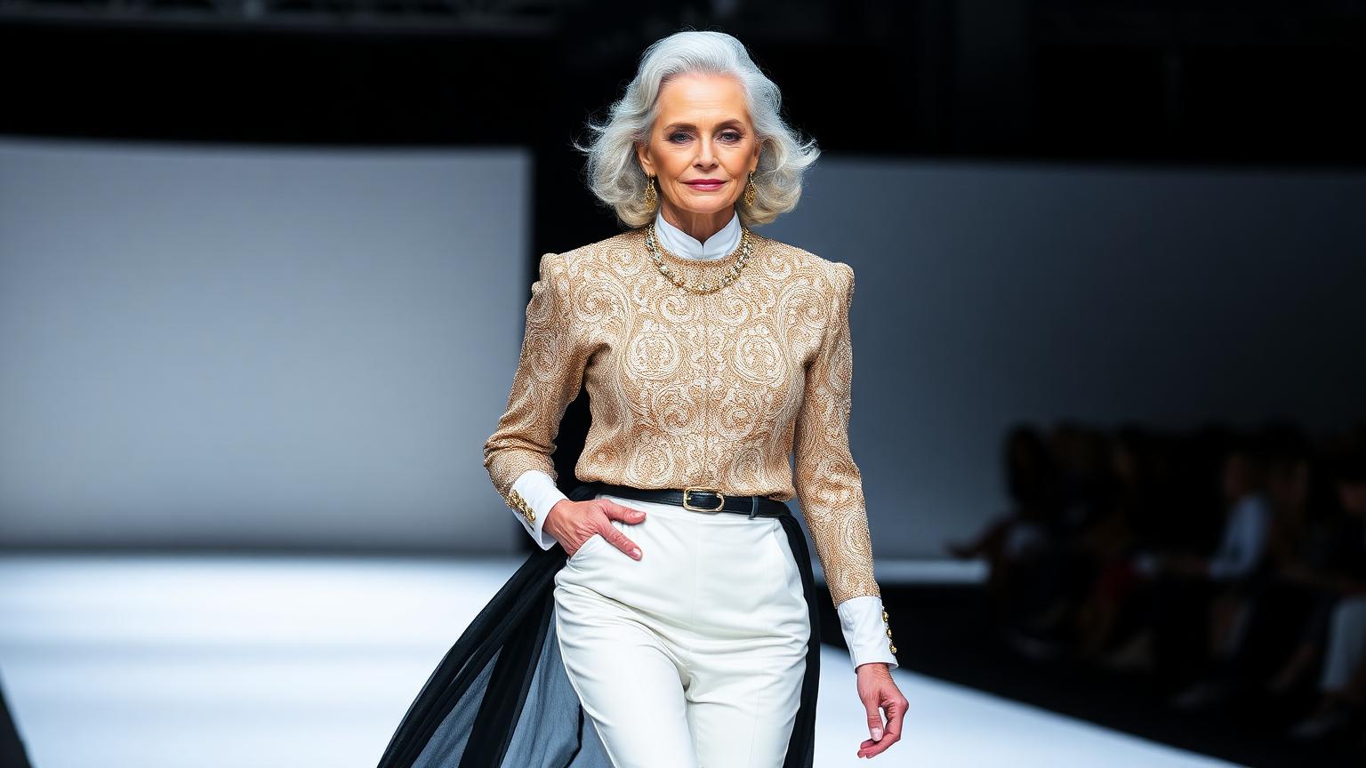 Silver-haired model walking a couture runway